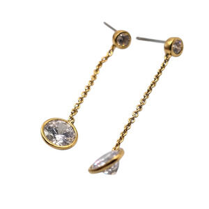 Pierced Earrings Gold Tone Chain Drop Bezel Set Clear Round Crystal SKU2401
